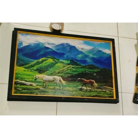 Lukisan Cetak Pemandangan Gunung Dan Sungai Karya Basuki Abdullah Plus Bingkai 65 X 45 Cm